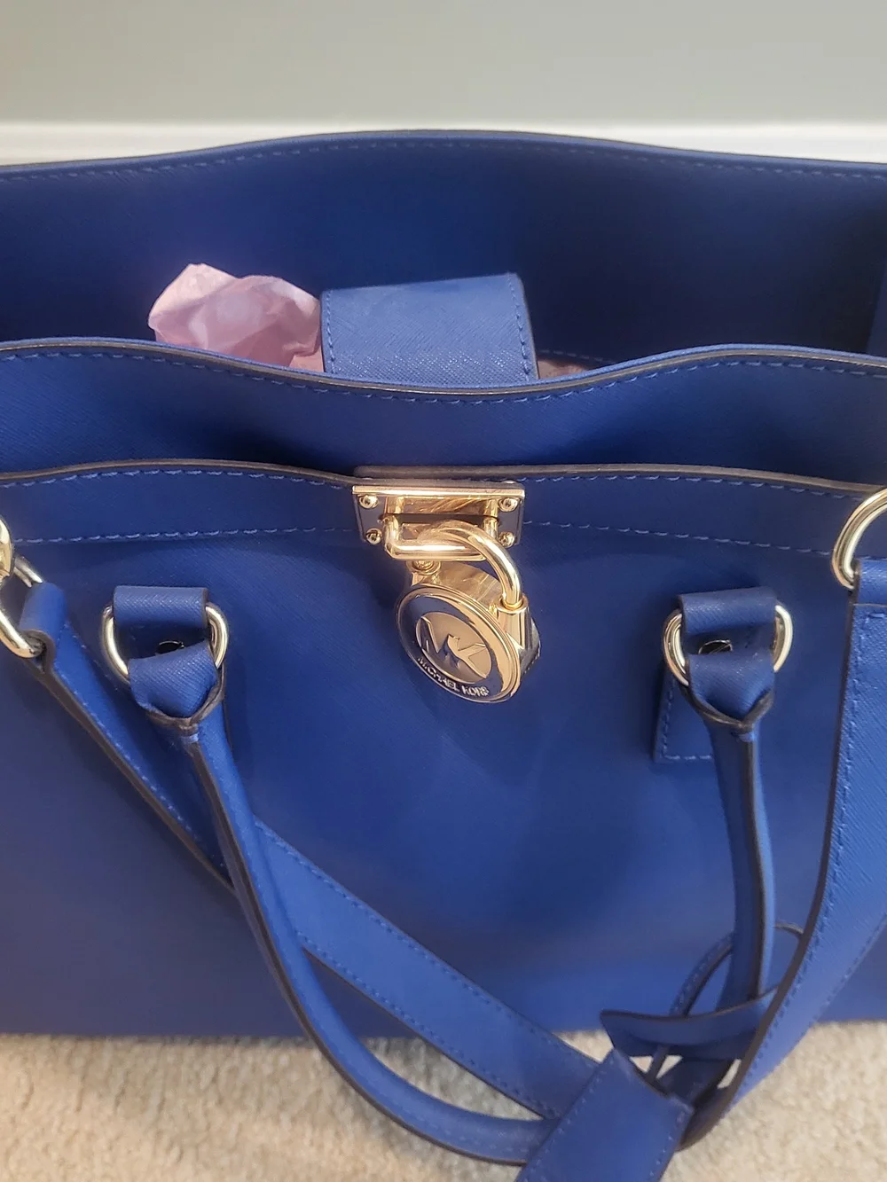 Michael Kors Blue Leather Satchel And Laptop Briefcase with Gold Hardware